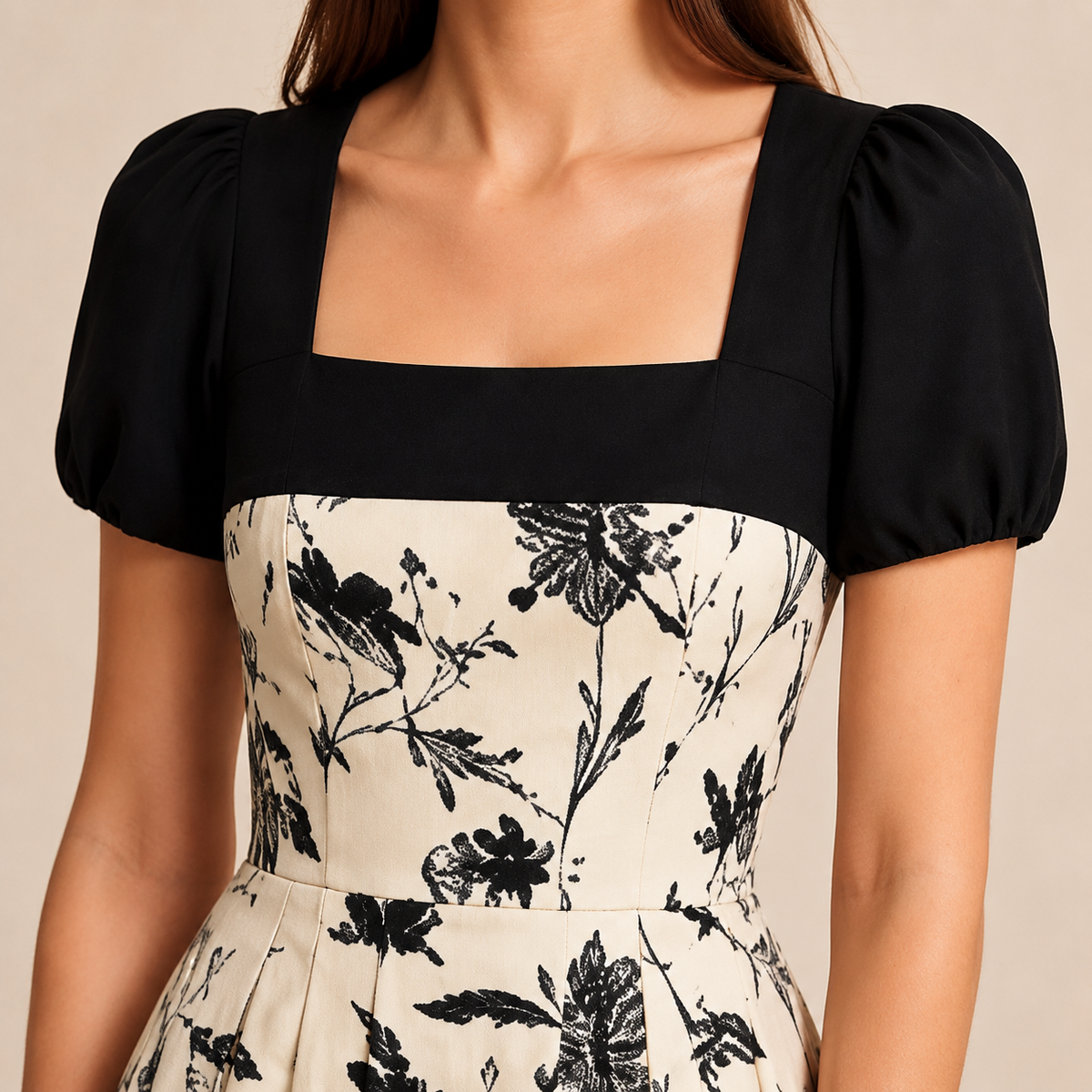 Floral Print Square Neck Puff Sleeve Fit and Flare Midi Dress 2