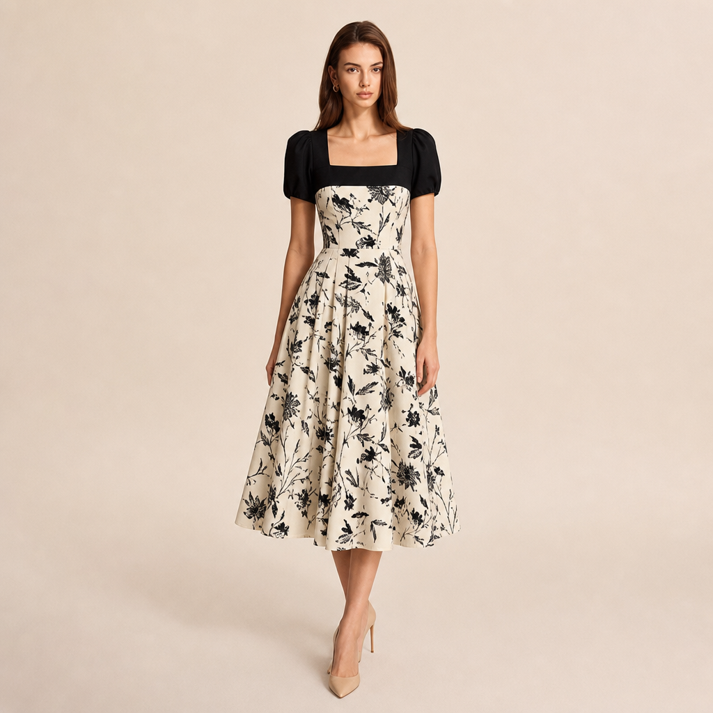 Floral Print Square Neck Puff Sleeve Fit and Flare Midi Dress