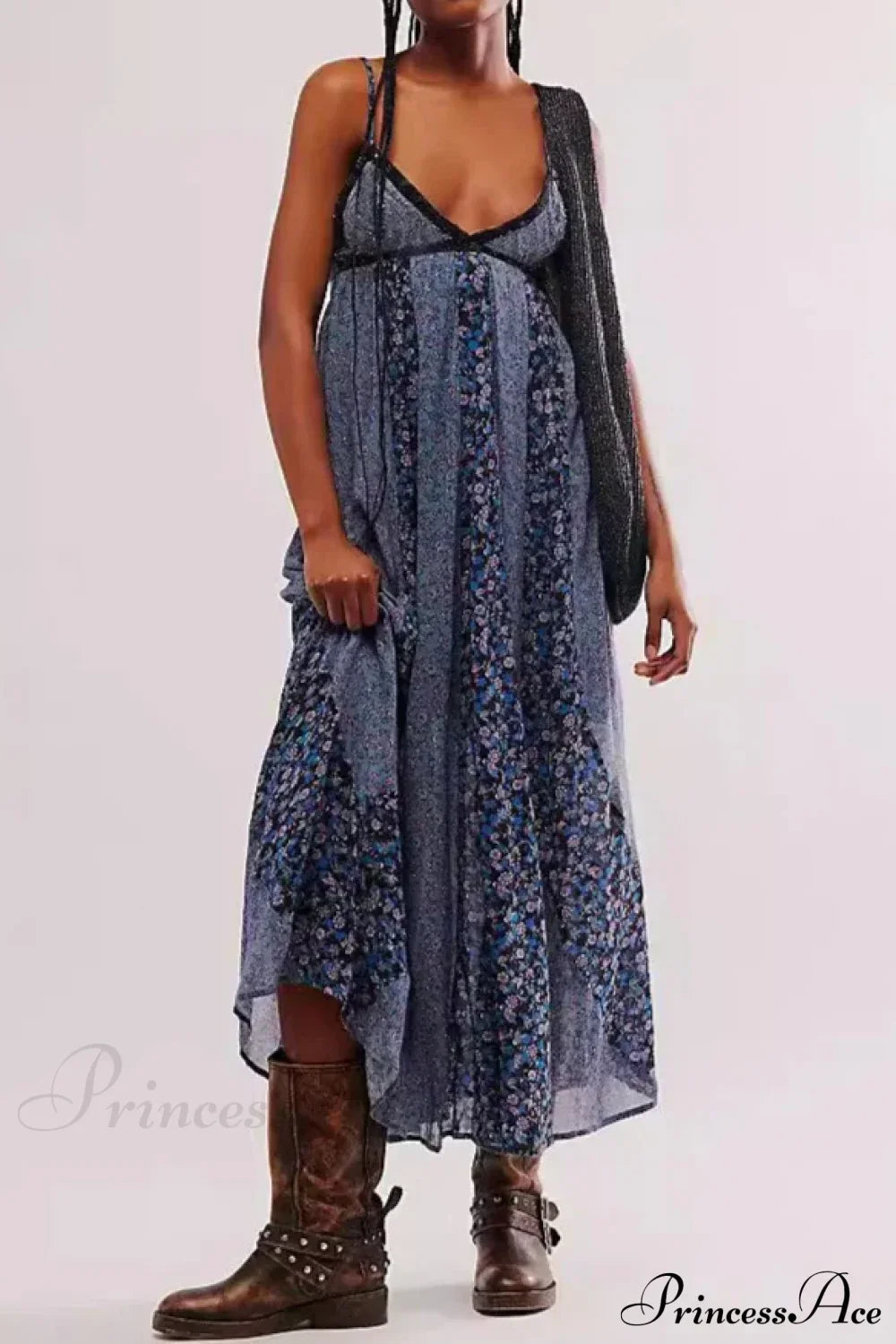 Fine Chiffon Floral Boho Dress Blue / S bohodress-250126