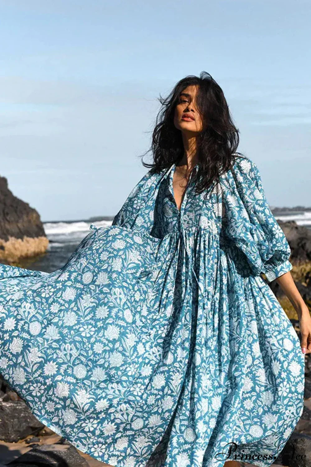 Fitshinling Boho Vintage Lantern Sleeve Dress Blue / S bohodress-250126