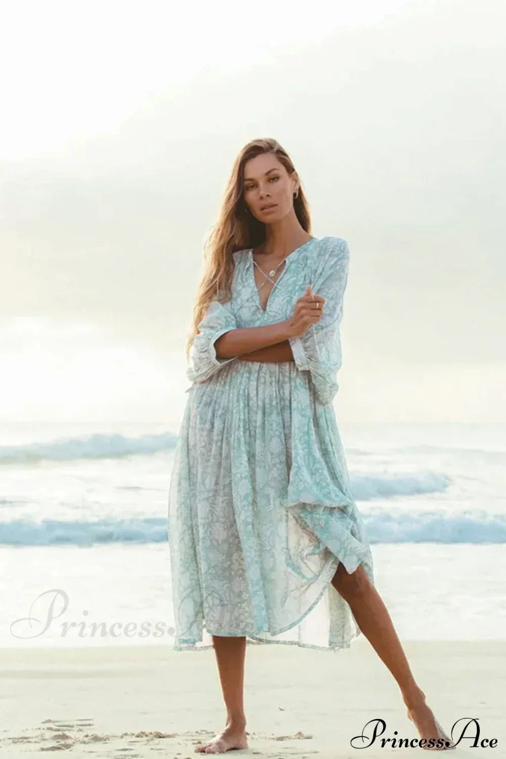 Fitshinling Boho Vintage Lantern Sleeve Dress Light Green / S bohodress-250126