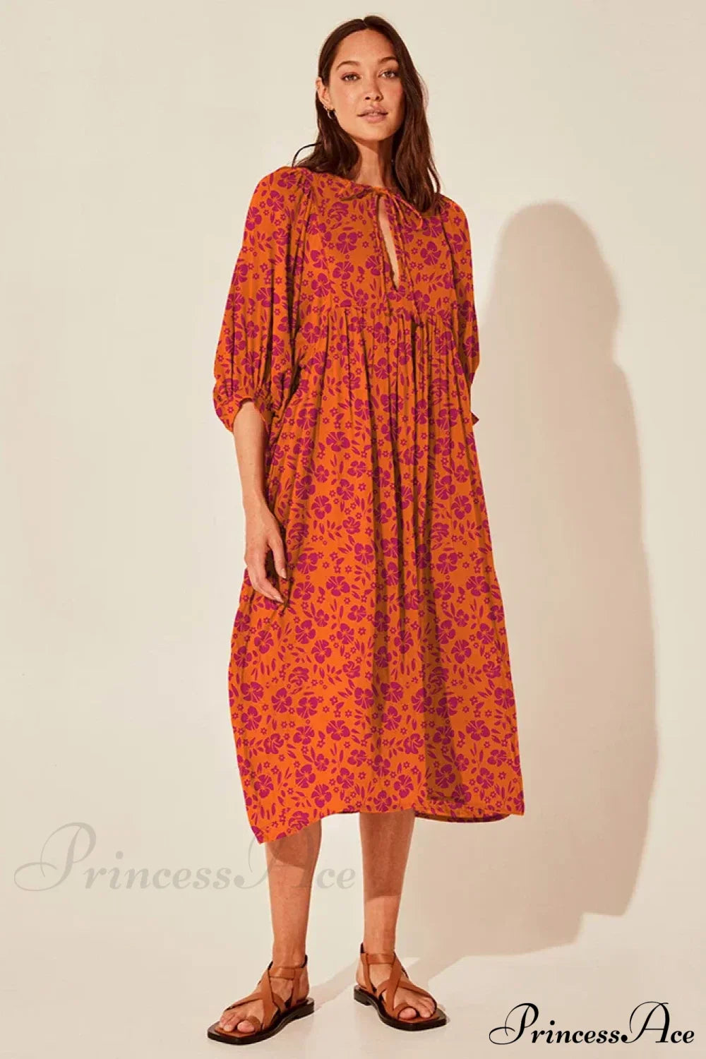 Fitshinling Boho Vintage Lantern Sleeve Dress orange red floral / S bohodress-250126