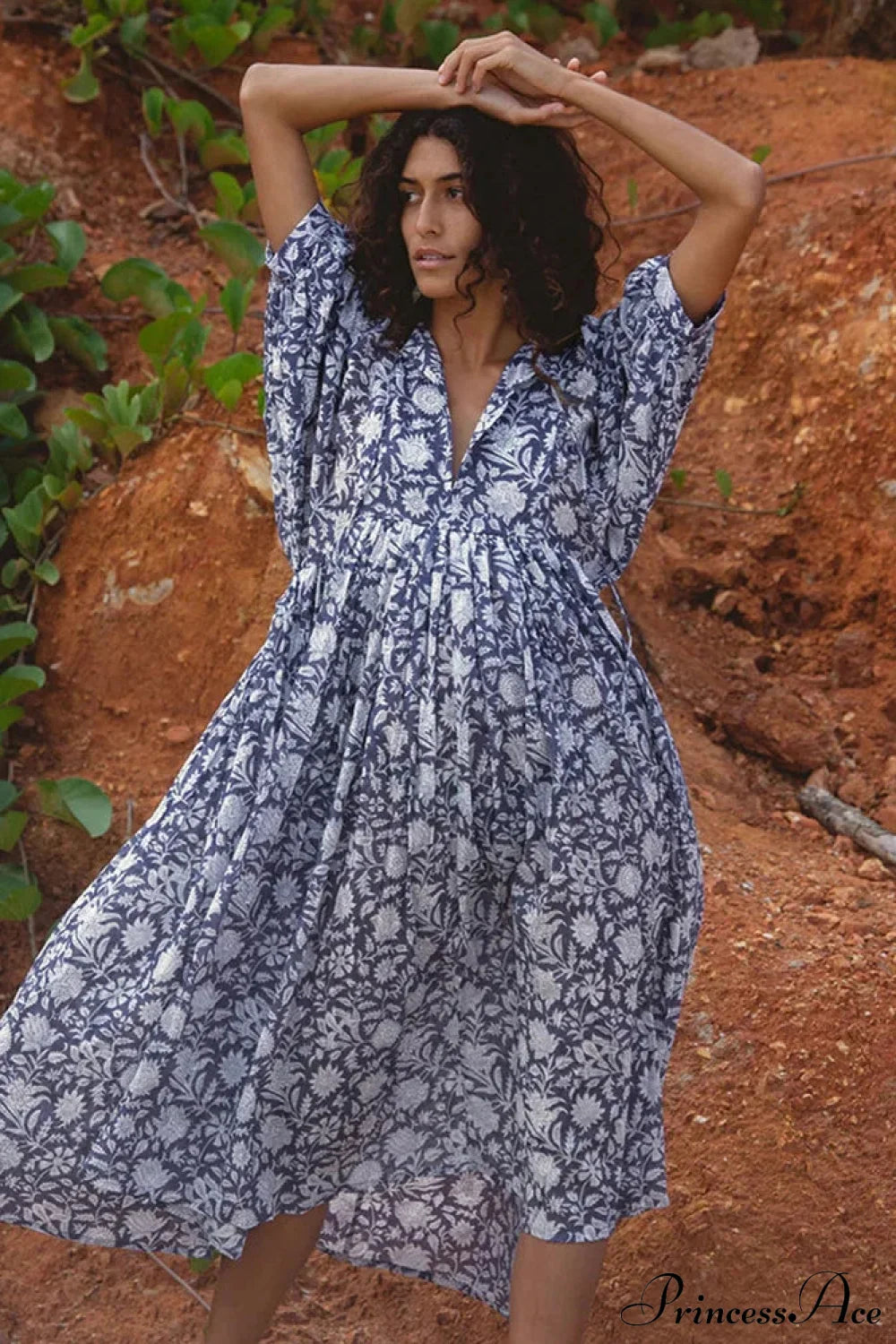 Fitshinling Boho Vintage Lantern Sleeve Dress purple blue / S bohodress-250126