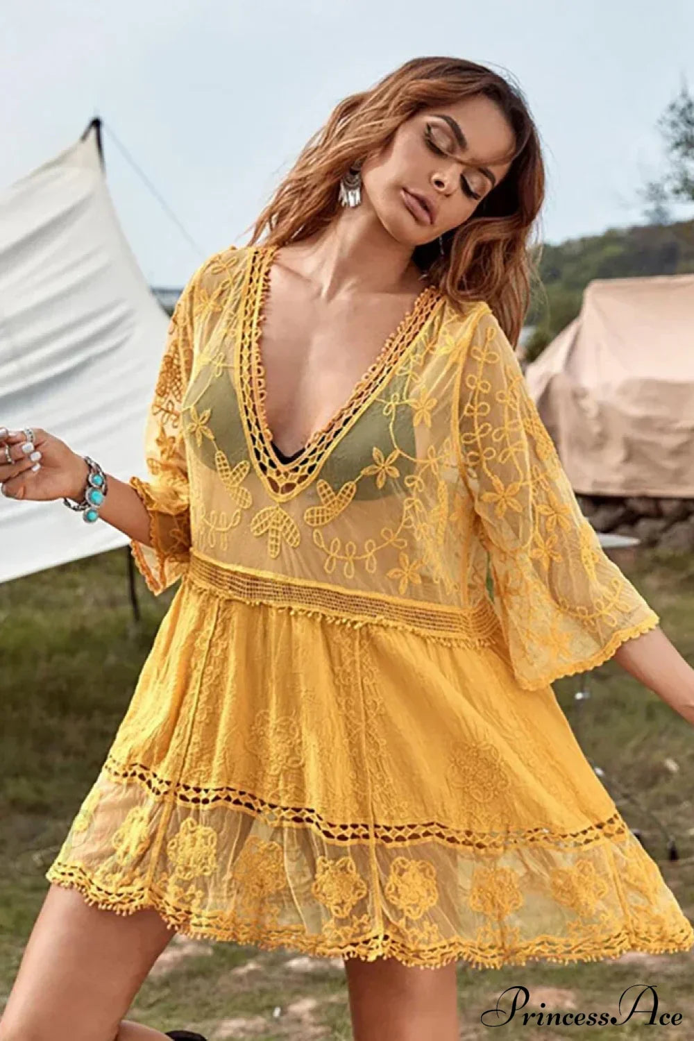 Fitshinling V-neck Sheer Lace Boho Cover-up