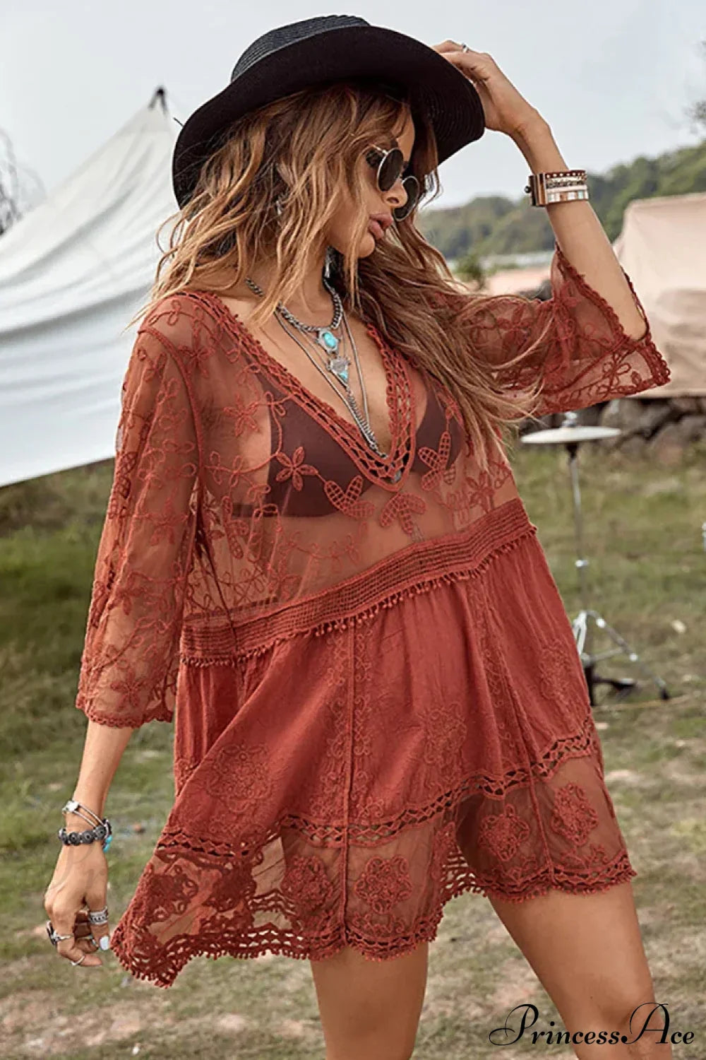 Fitshinling V-neck Sheer Lace Boho Cover-up