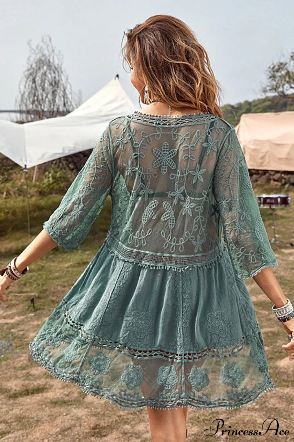 Fitshinling V-neck Sheer Lace Boho Cover-up Green / One Size bohodress-250126
