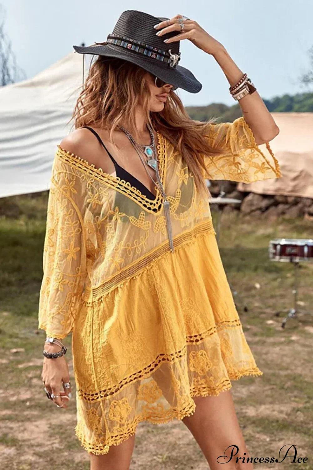 Fitshinling V-neck Sheer Lace Boho Cover-up Yellow / One Size bohodress-250126