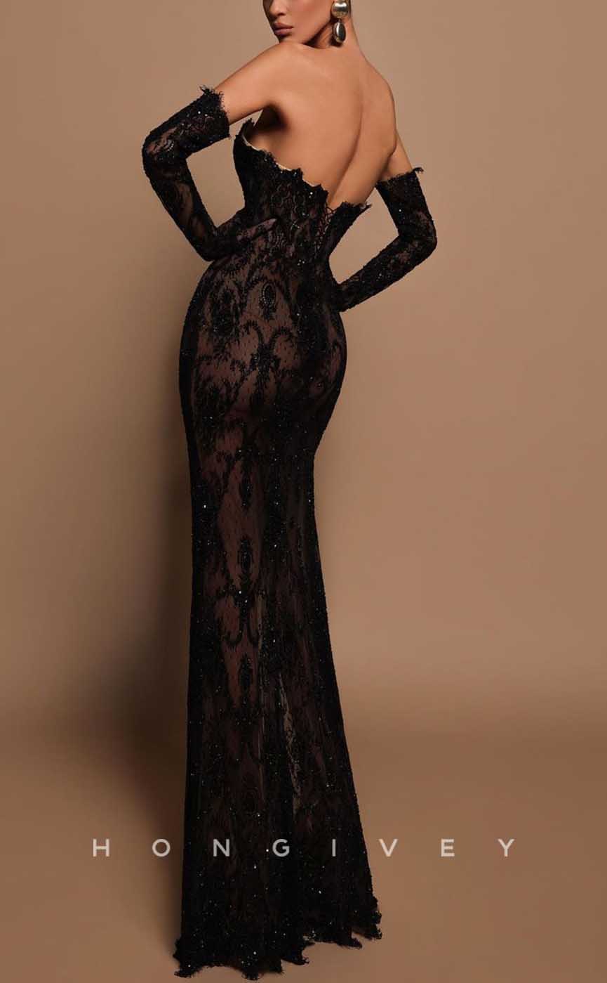 L2857 - Sexy Lace Off-Shoulder Long Sleeve Sheer With Side Slit Party Prom Evening Dress - Fashionpara