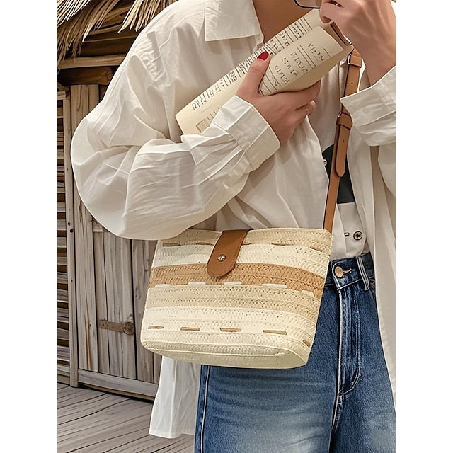 Woven with Colorblock Straw Striped Brown Tote Bag