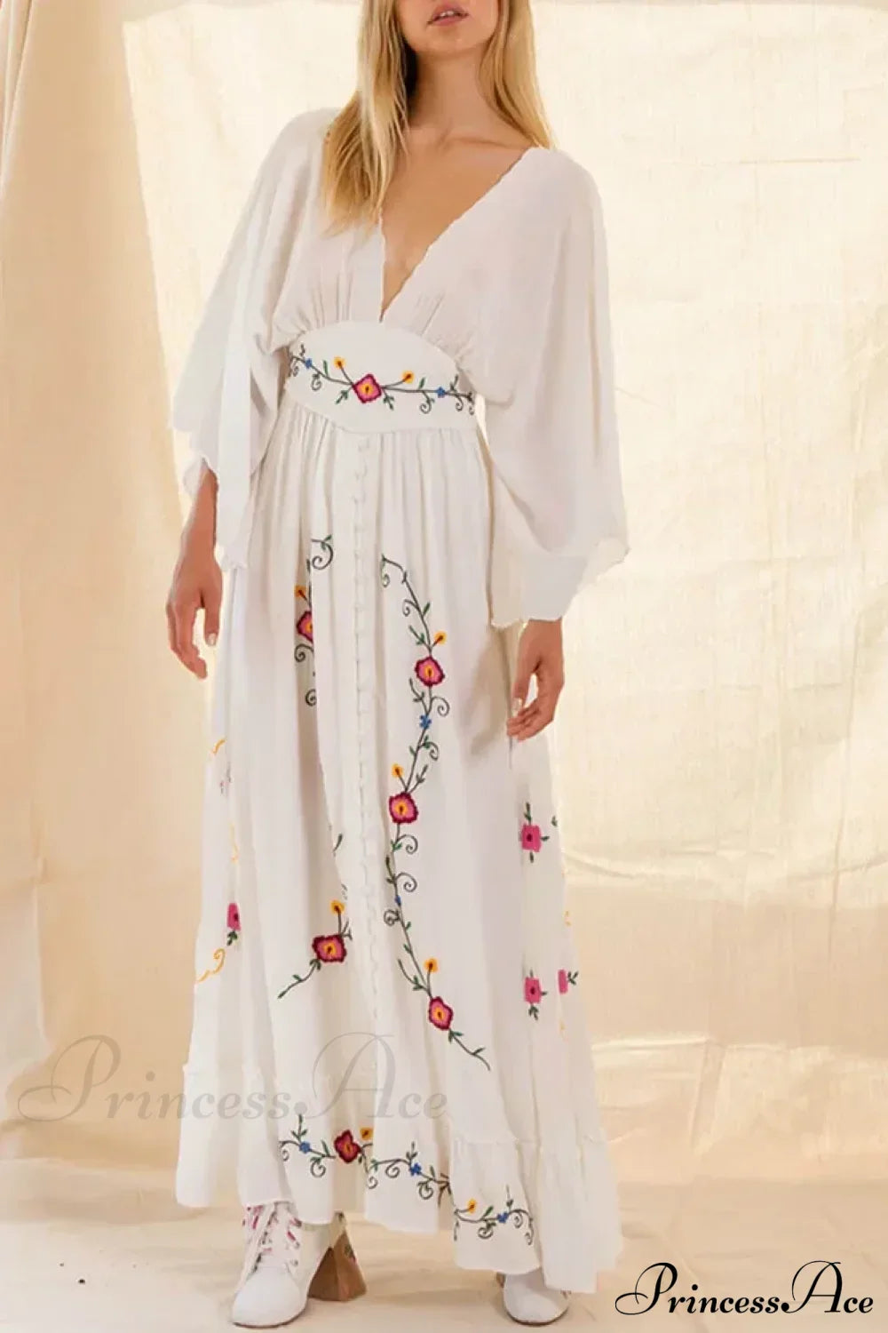 Flare Long Sleeve Deep V-neck Cotton Dress