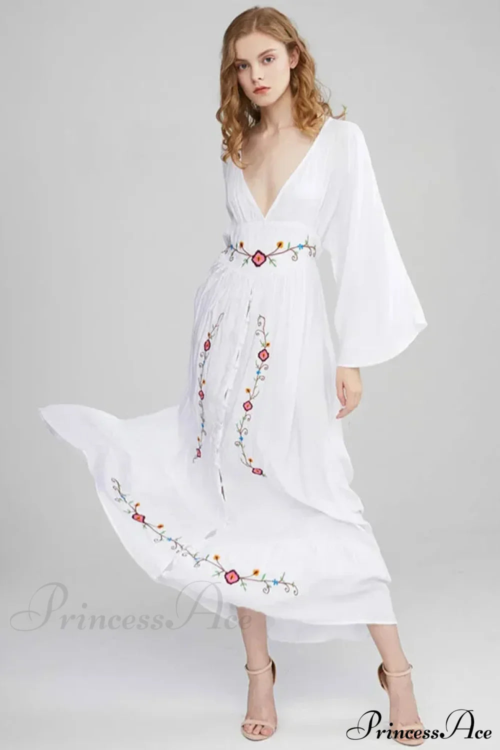 Flare Long Sleeve Deep V-neck Cotton Dress