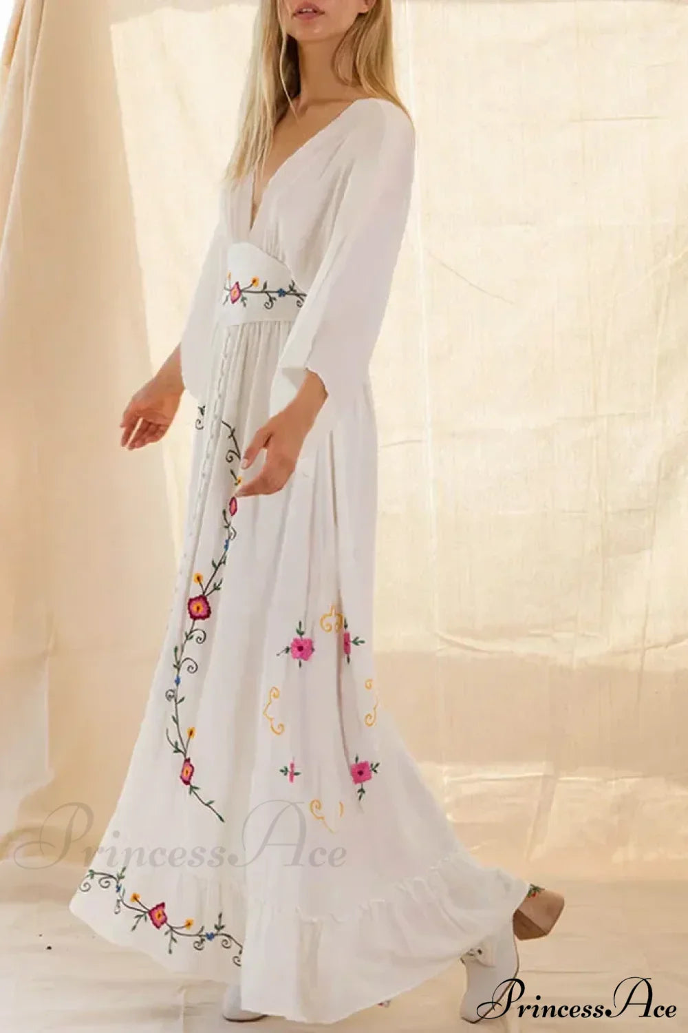 Flare Long Sleeve Deep V-neck Cotton Dress