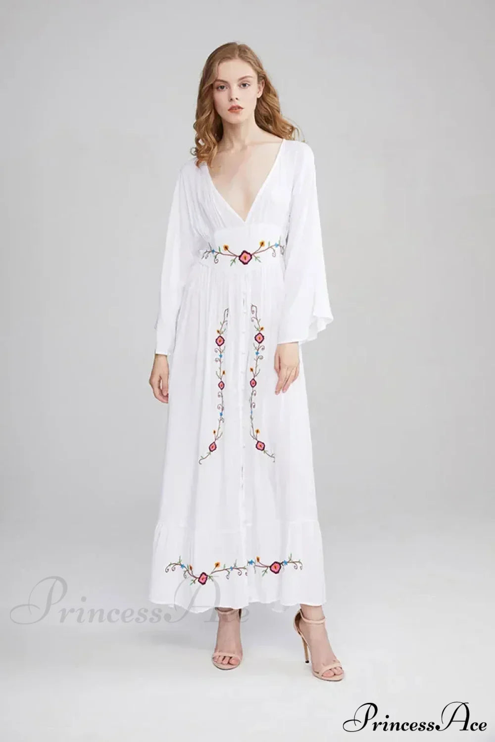 Flare Long Sleeve Deep V-neck Cotton Dress WHITE / S bohodress-250126