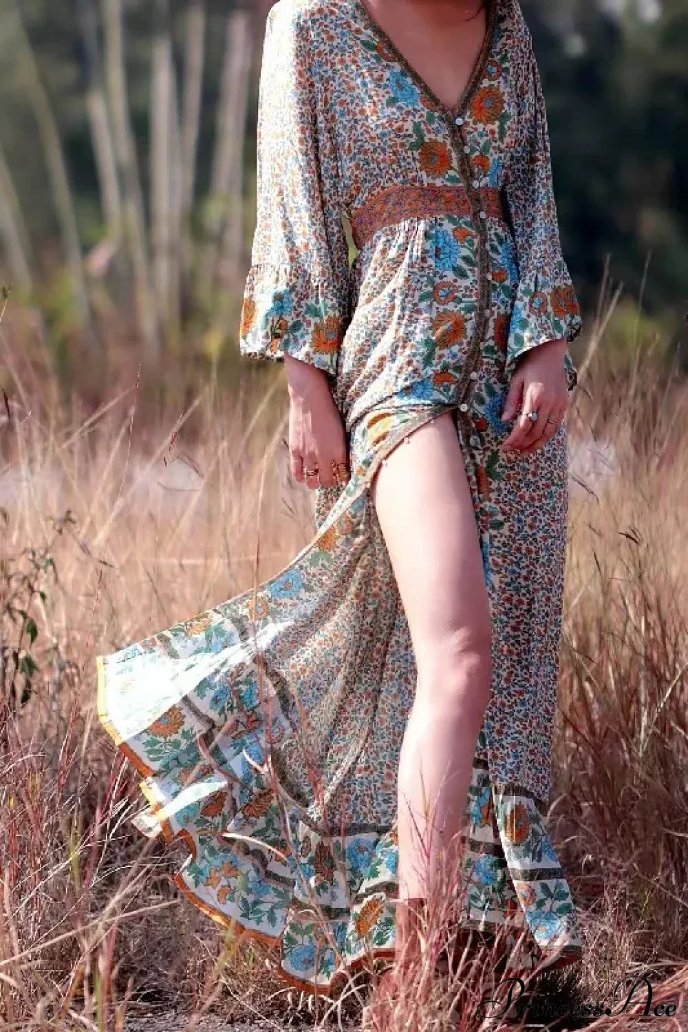 Flare Sleeve Button Down Printing Chic Boho Dress Beige / S bohodress-250126