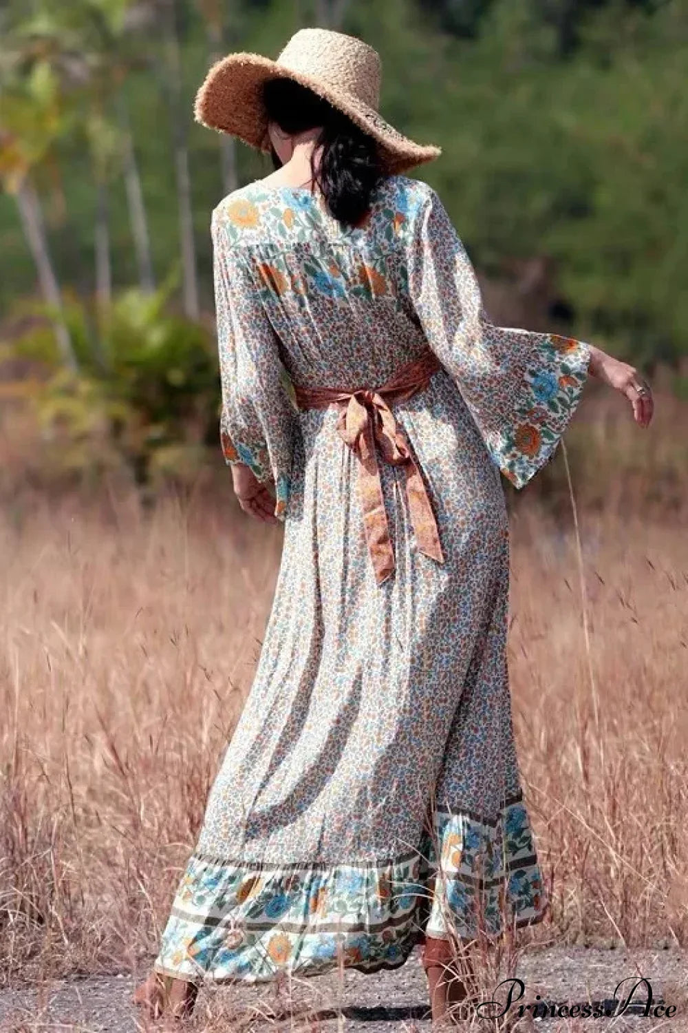 Flare Sleeve Button Down Printing Chic Boho Dress