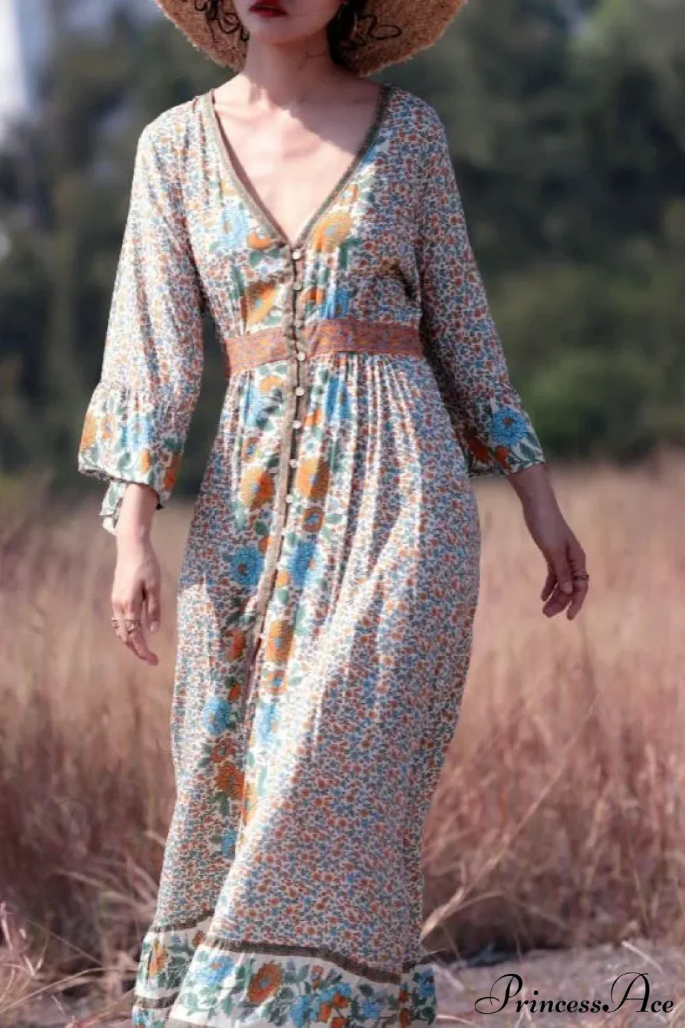 Flare Sleeve Button Down Printing Chic Boho Dress