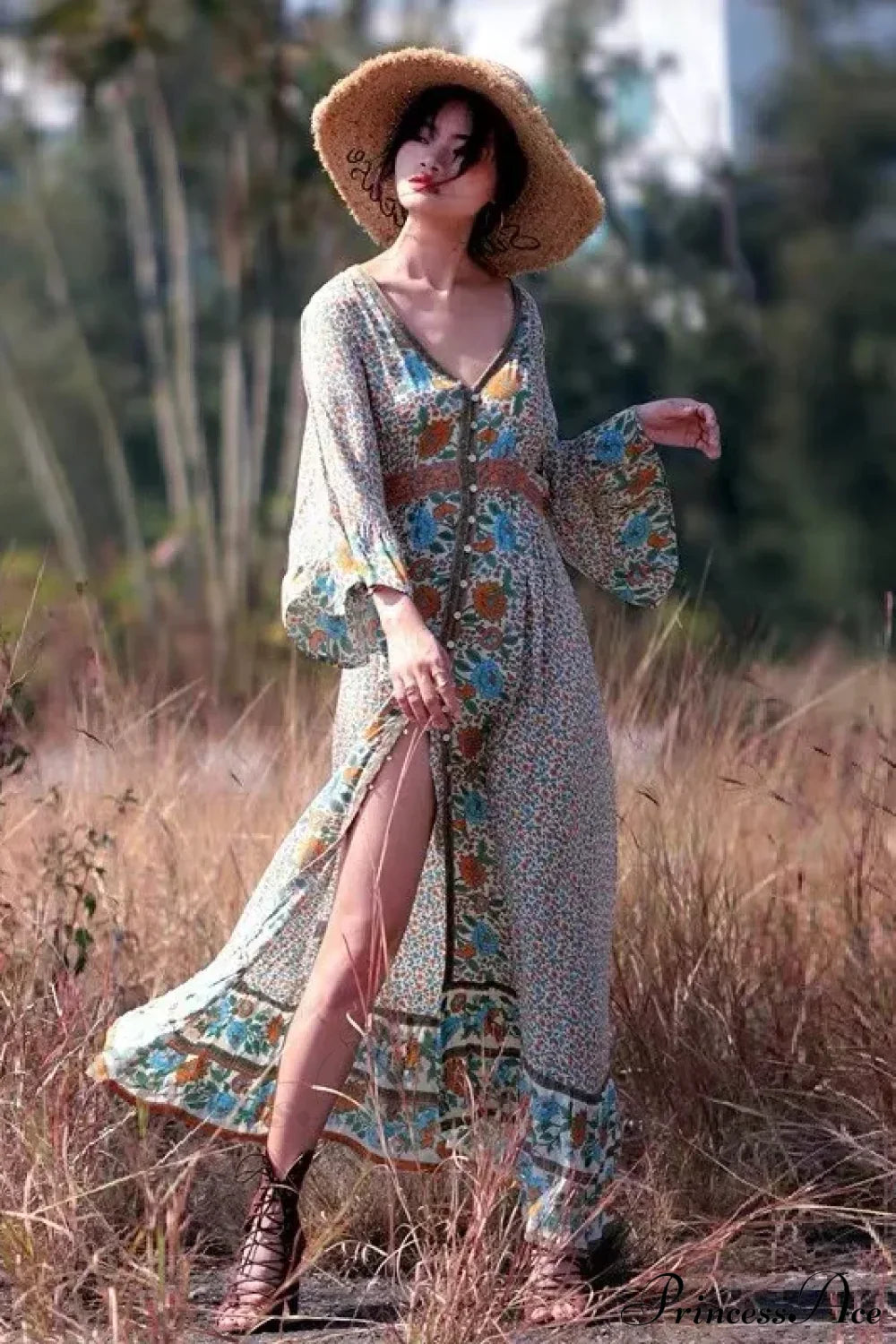 Flare Sleeve Button Down Printing Chic Boho Dress