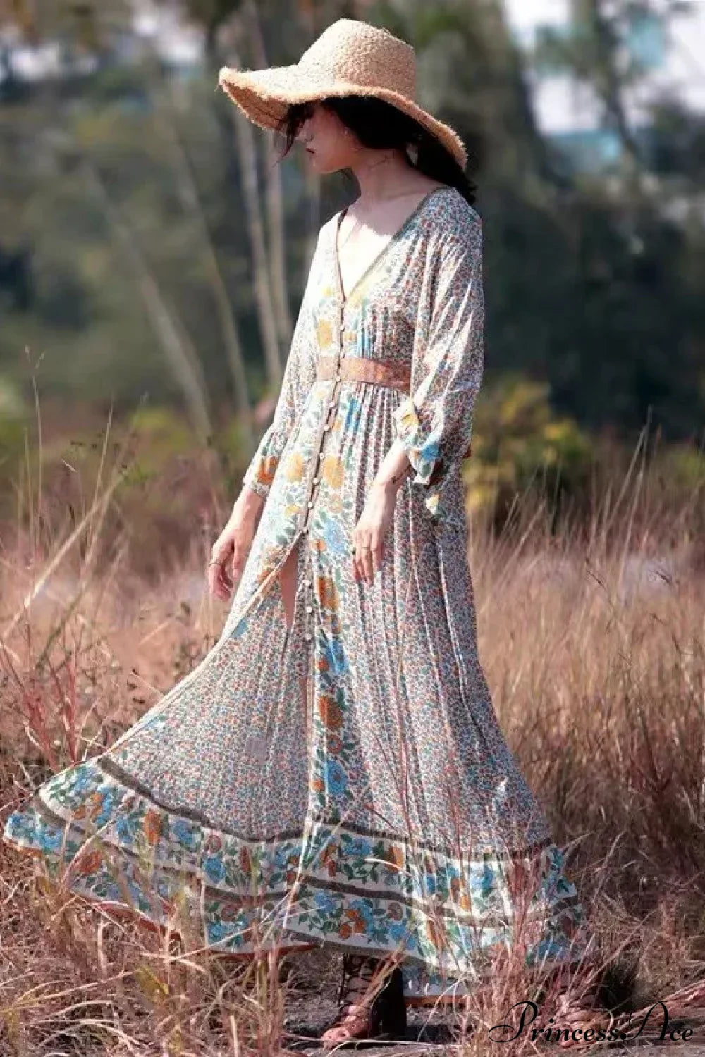 Flare Sleeve Button Down Printing Chic Boho Dress