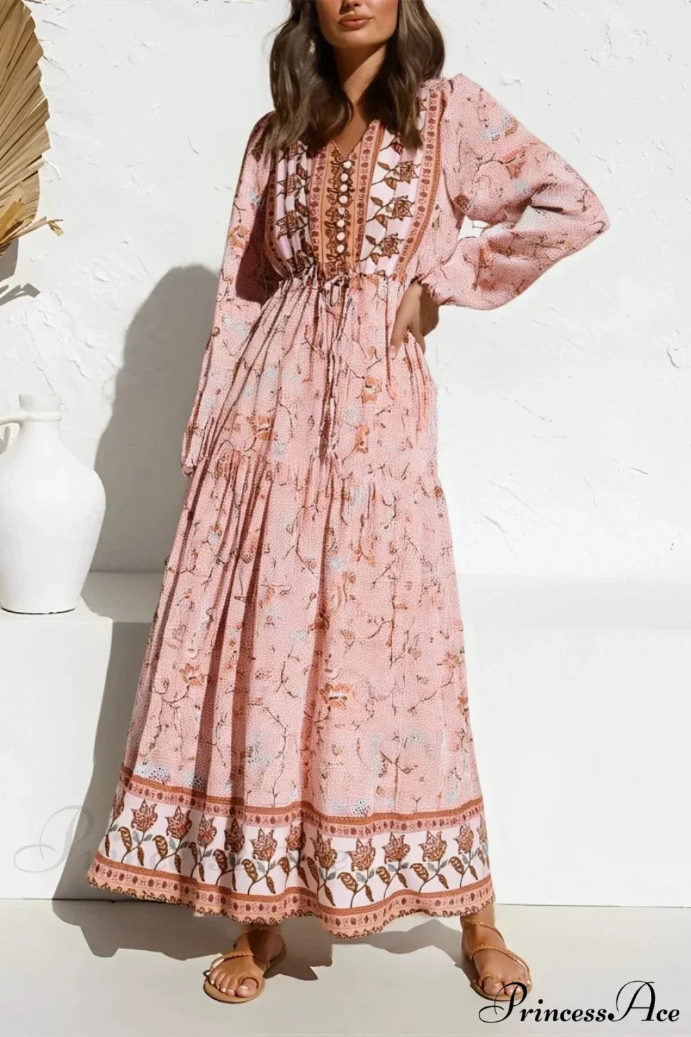 Flare Sleeve Purple Floral V-neck Maxi Boho Dress Pink / S bohodress-250126