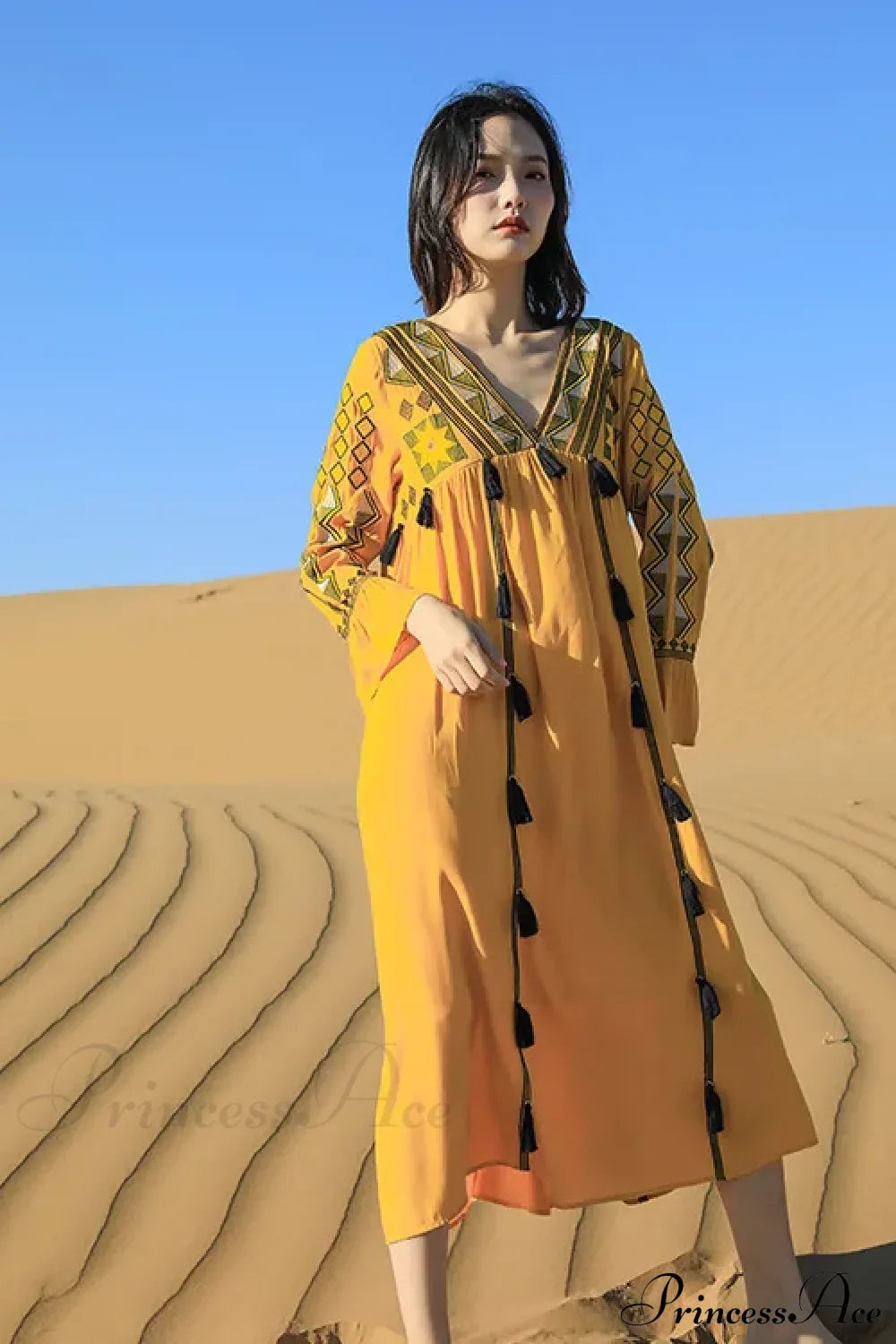 Flare Sleeve Tassel Vintage Style Floral Boho Dress Yellow / S bohodress-250126