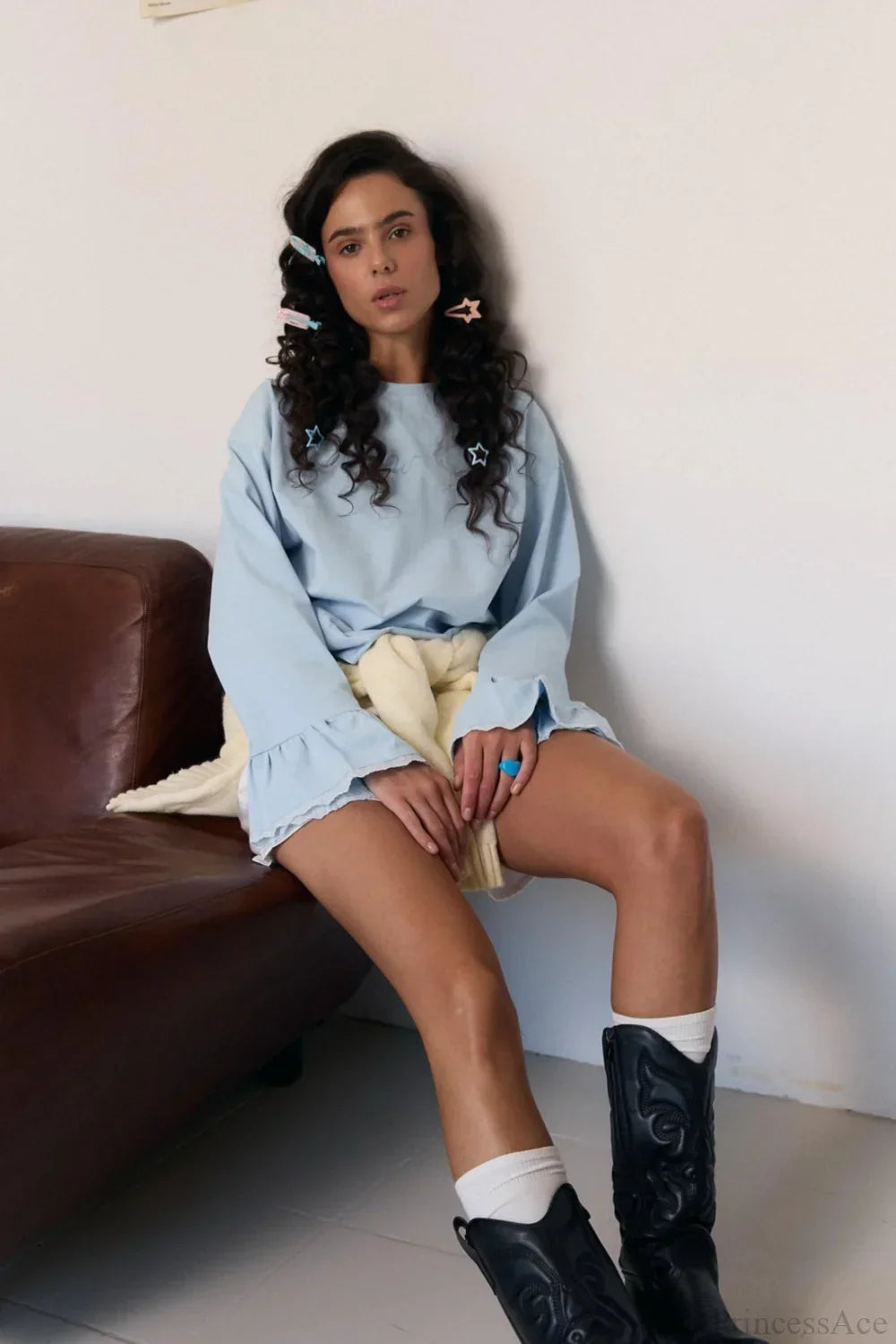 Flared Sleeve Lace Accent Crew Neck Alphabet Embroidered Long Sleeve Tee