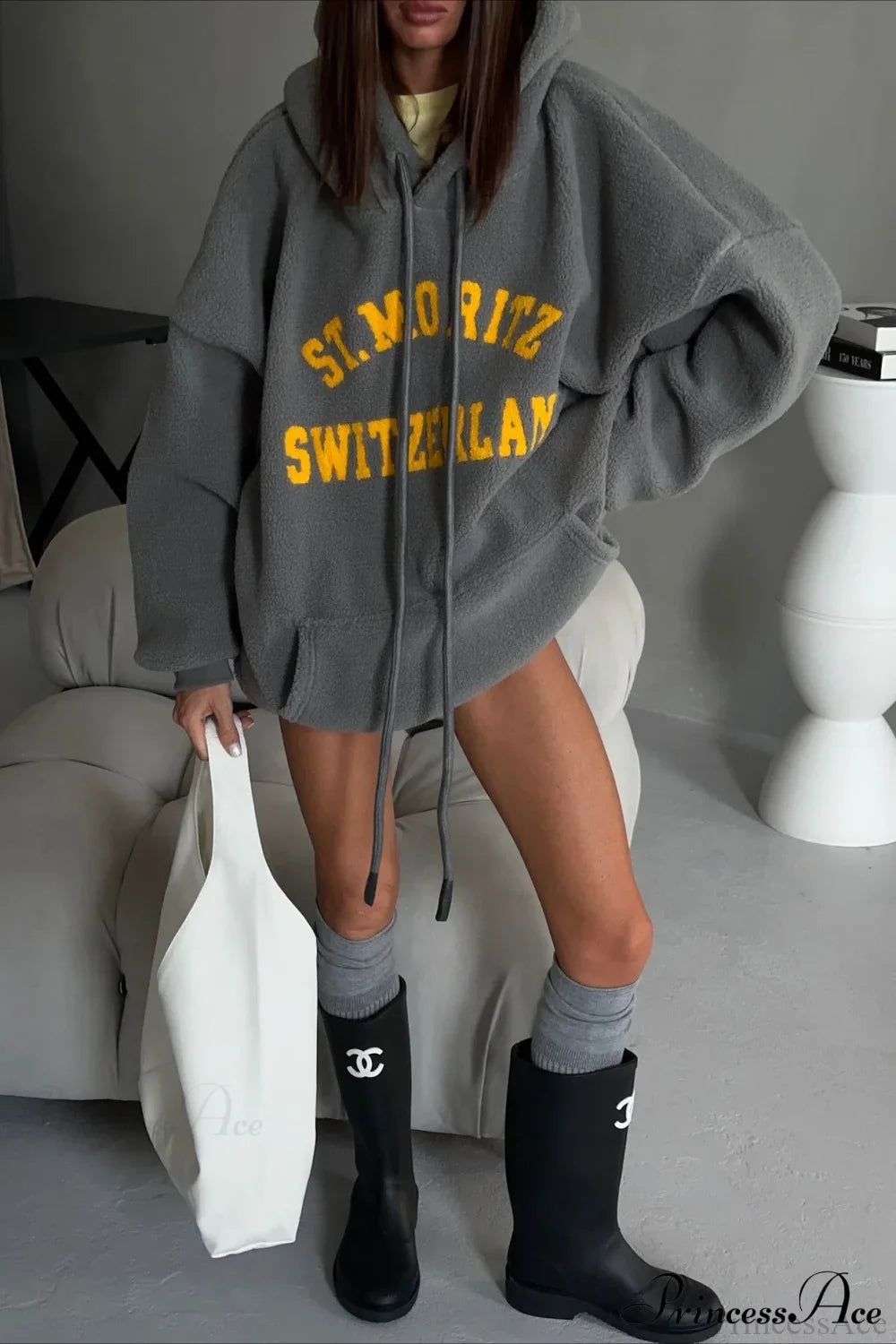 Fleece Letter Print Oversized Comfy Hoodie Grey / S