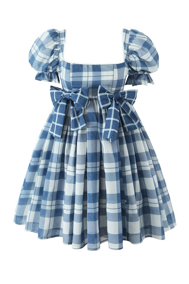 Floaty Bow Trim Puff Sleeve Gingham Print Summer Babydoll Mini Dress