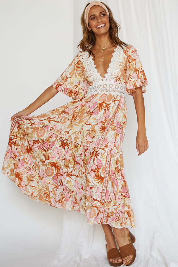 Floral Half Sleeve Lace Panel V Neck Maxi Beach Vacation Dress - Floral  Fashionpara