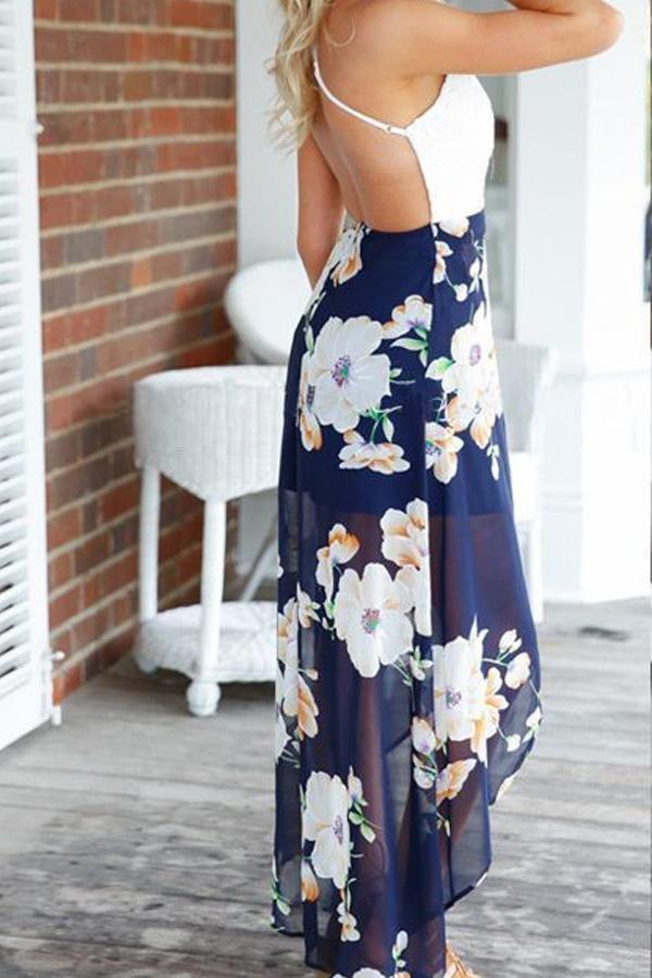 Floral Backless Criss-cross Irregular Dress