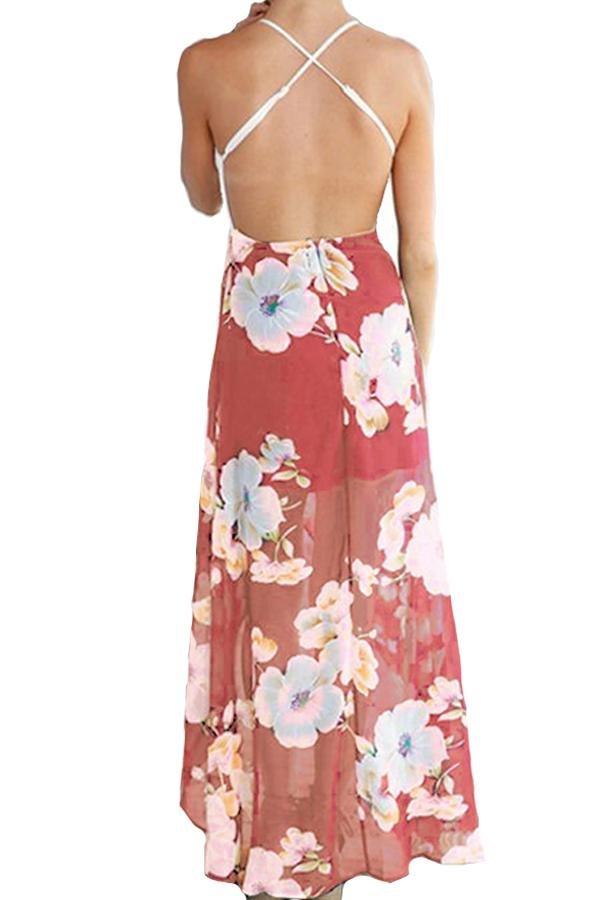 Floral Backless Criss-cross Irregular Dress