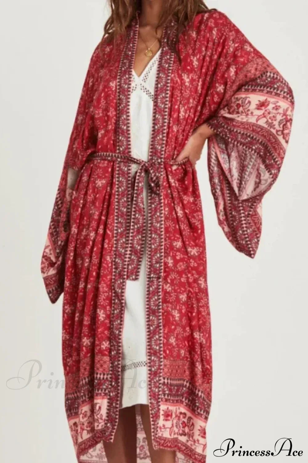 Floral Bat Sleeve Boho Kimono Dress Red / S bohodress-250126