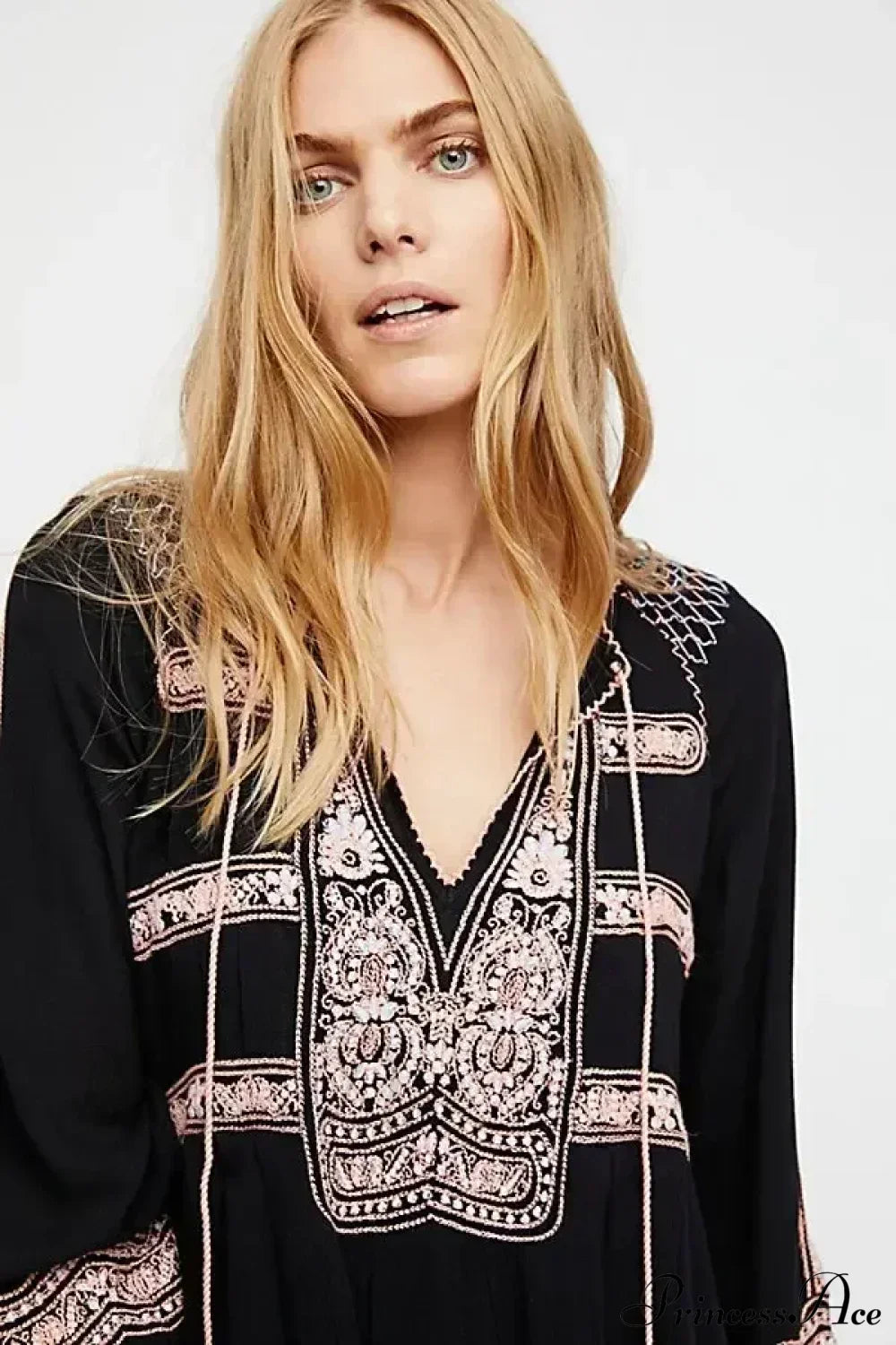Floral Embroidered Tassel Oversized Cotton Boho Dress Black / S bohodress-250126