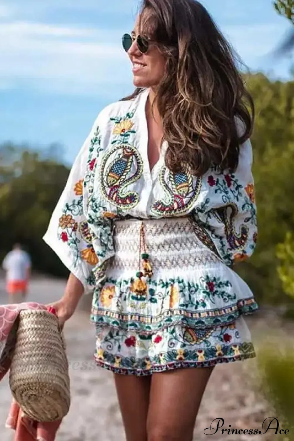 Floral Embroidery Boho Batwing Sleeve Dress MULTI / S bohodress-250126