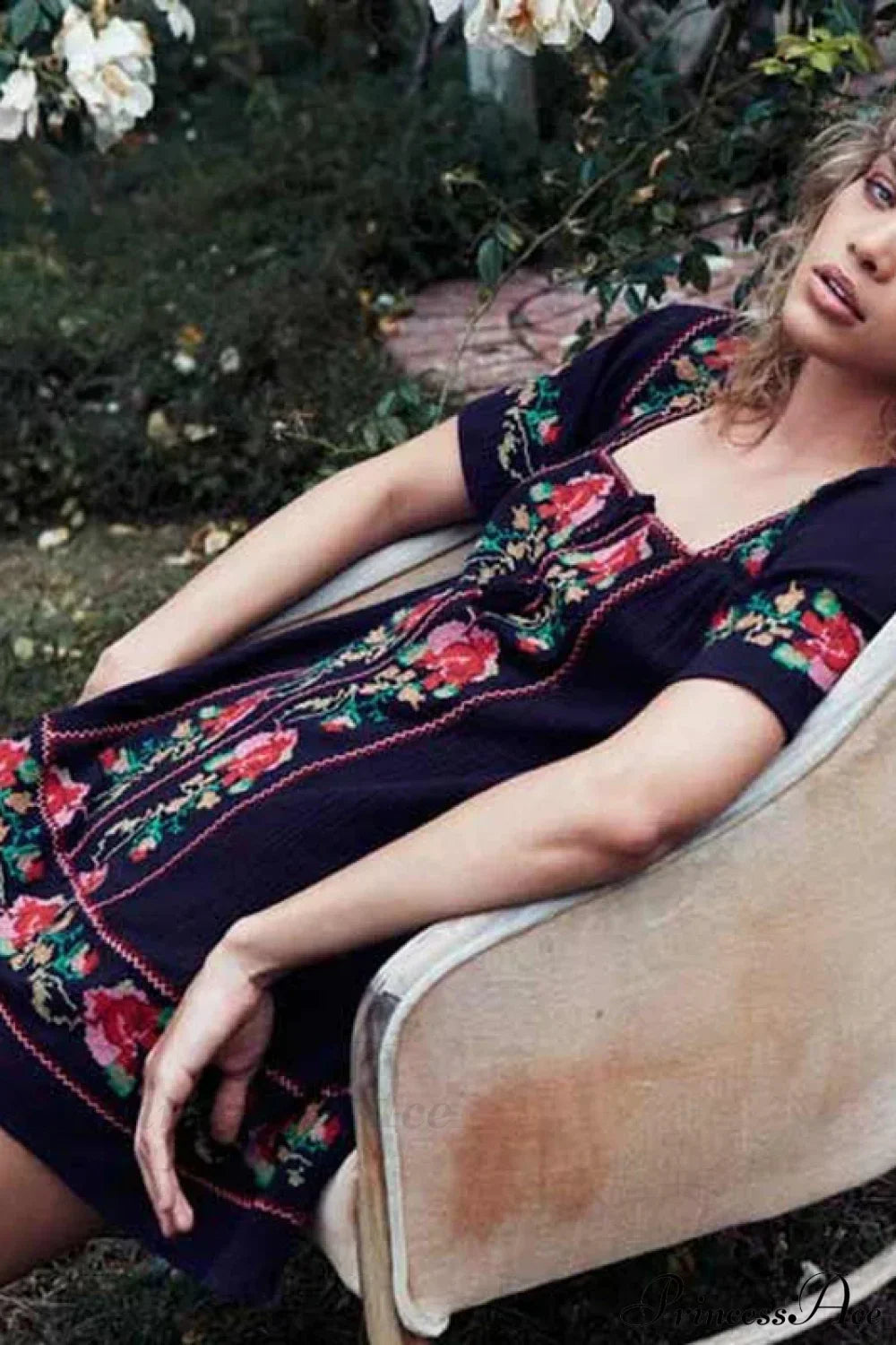 Floral Embroidery Cotton Square Collar Mini Dress Party Women Dress Black / S bohodress-250126