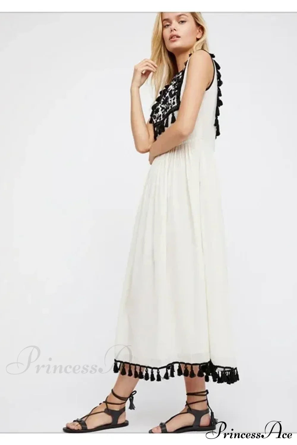 Floral Embroidery Sleeveless Tassel Cotton Boho Dress