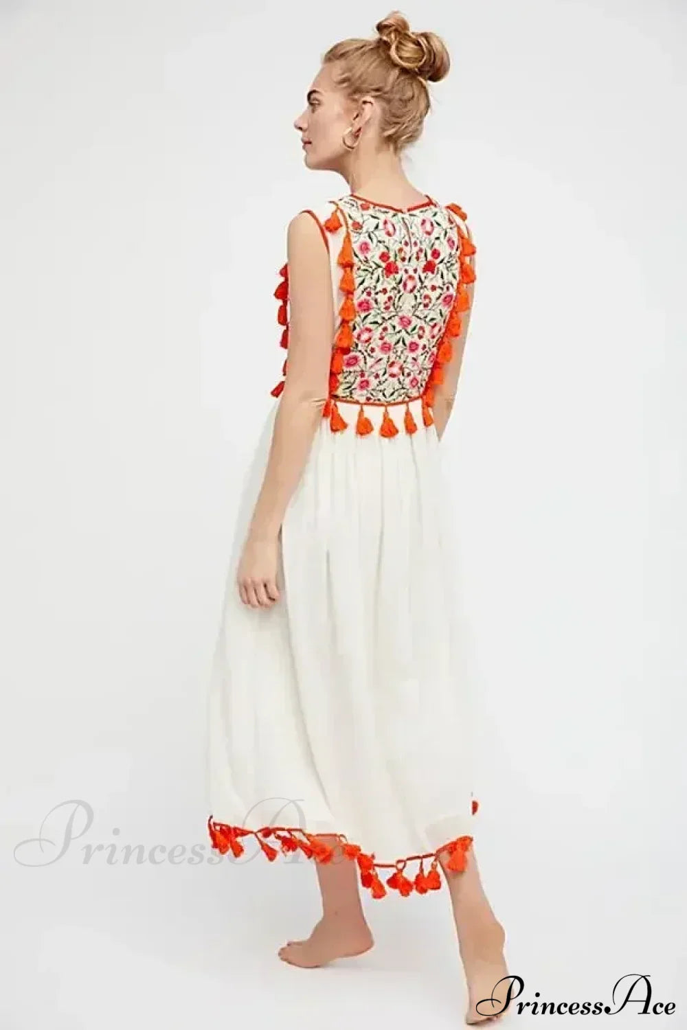 Floral Embroidery Sleeveless Tassel Cotton Boho Dress