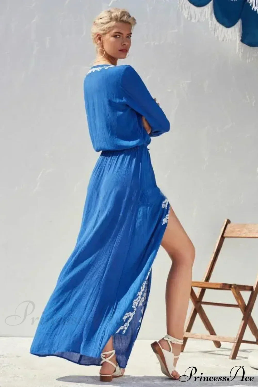 Floral Embroidery Stretch Waist Holiday Maxi Boho Dress