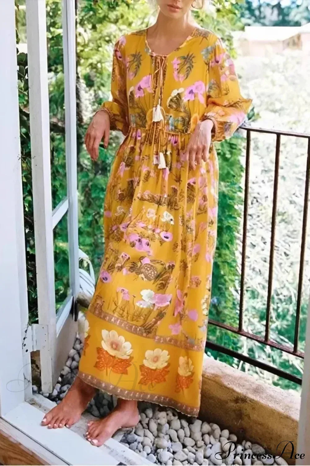 Floral Flare Sleeve Ruffles Cotton Boho Dress Yellow / S bohodress-250126