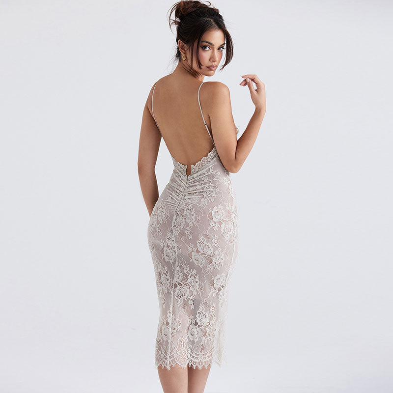 Floral Lace V-Neck Spaghetti Strap Bodycon Slip Midi Dress - View 3