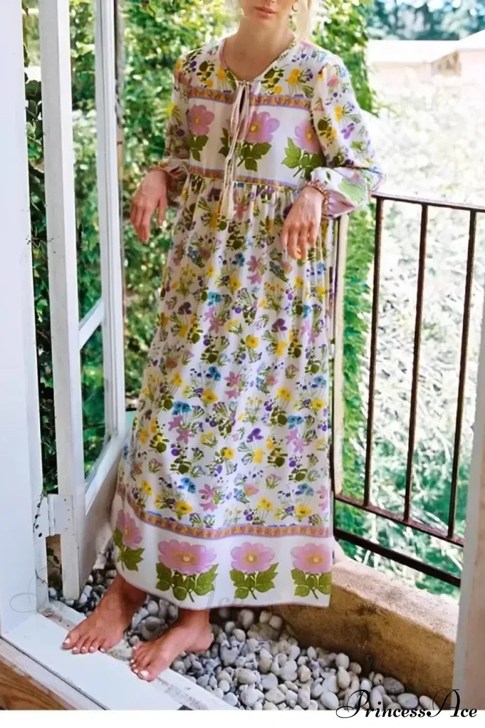 Floral Lace-up Tassel Beach Boho Dress Beige / S bohodress-250126