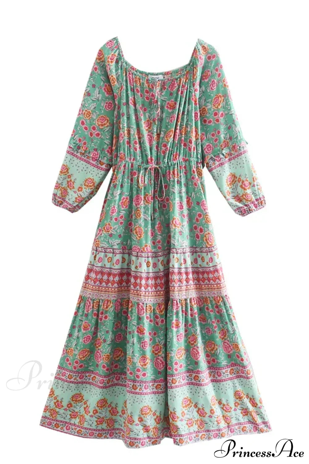 Floral Long Sleeve Belt Tassel Off Shoulder Boho Dress Green / S bohodress-250126