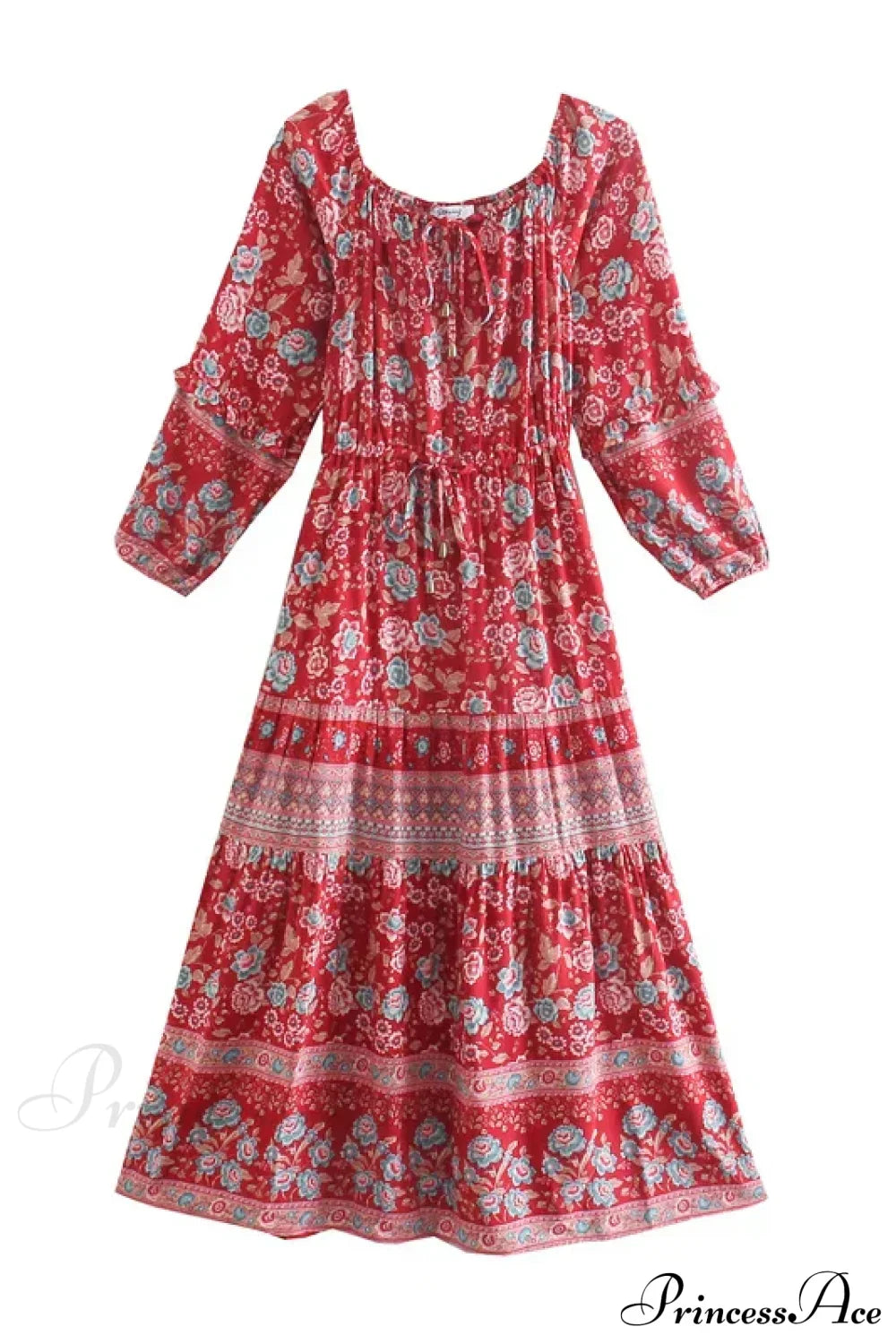 Floral Long Sleeve Belt Tassel Off Shoulder Boho Dress Red / S bohodress-250126
