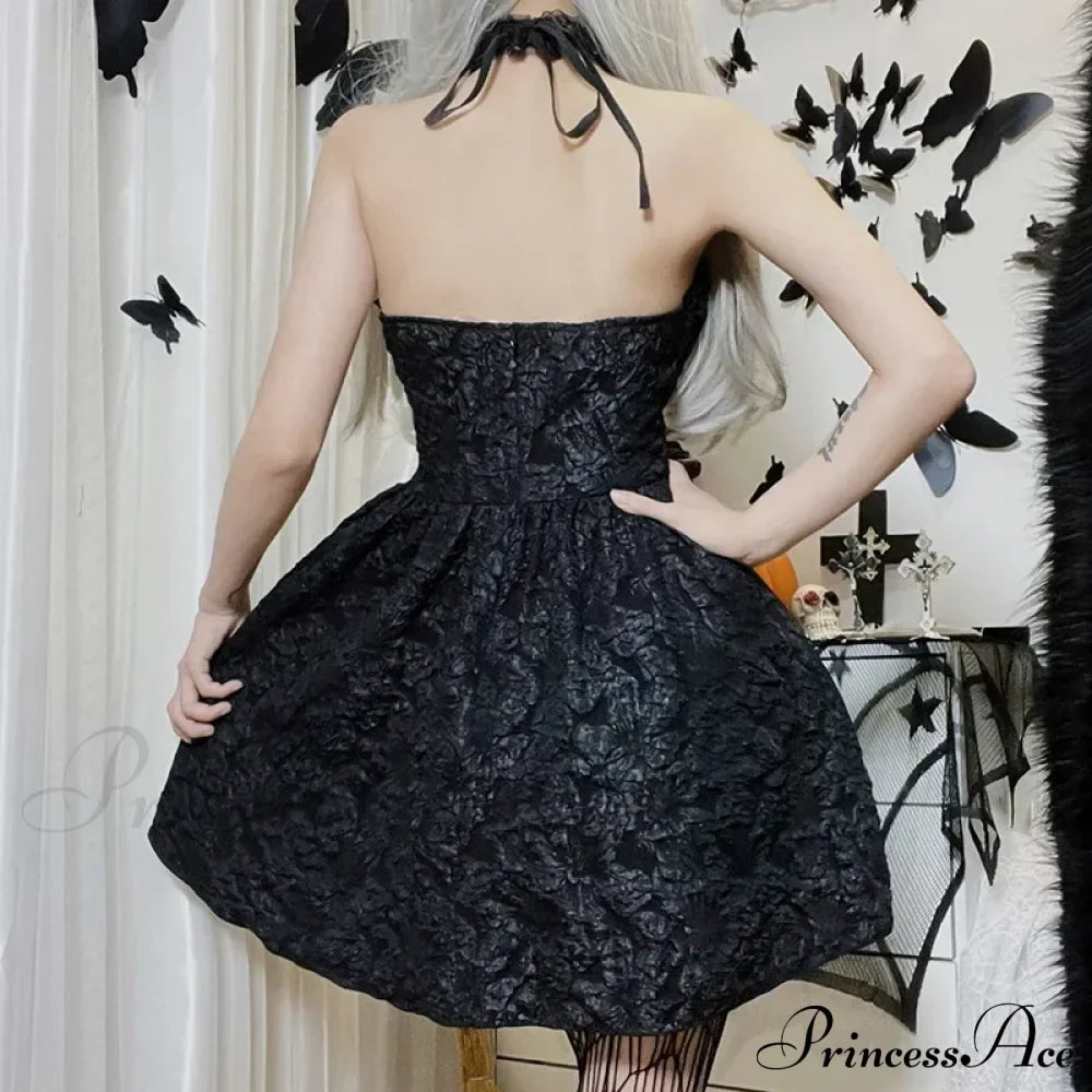 Floral Mini Y2K Lace Up Sexy Backless Halter Lace Sleeveless Jacquard Luxury Fairy Bodycon Dress