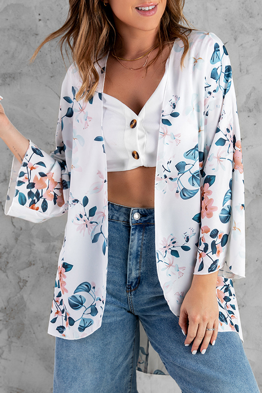Floral Print 3/4 Sleeve High Low Open Front Kimono  Fashionpara