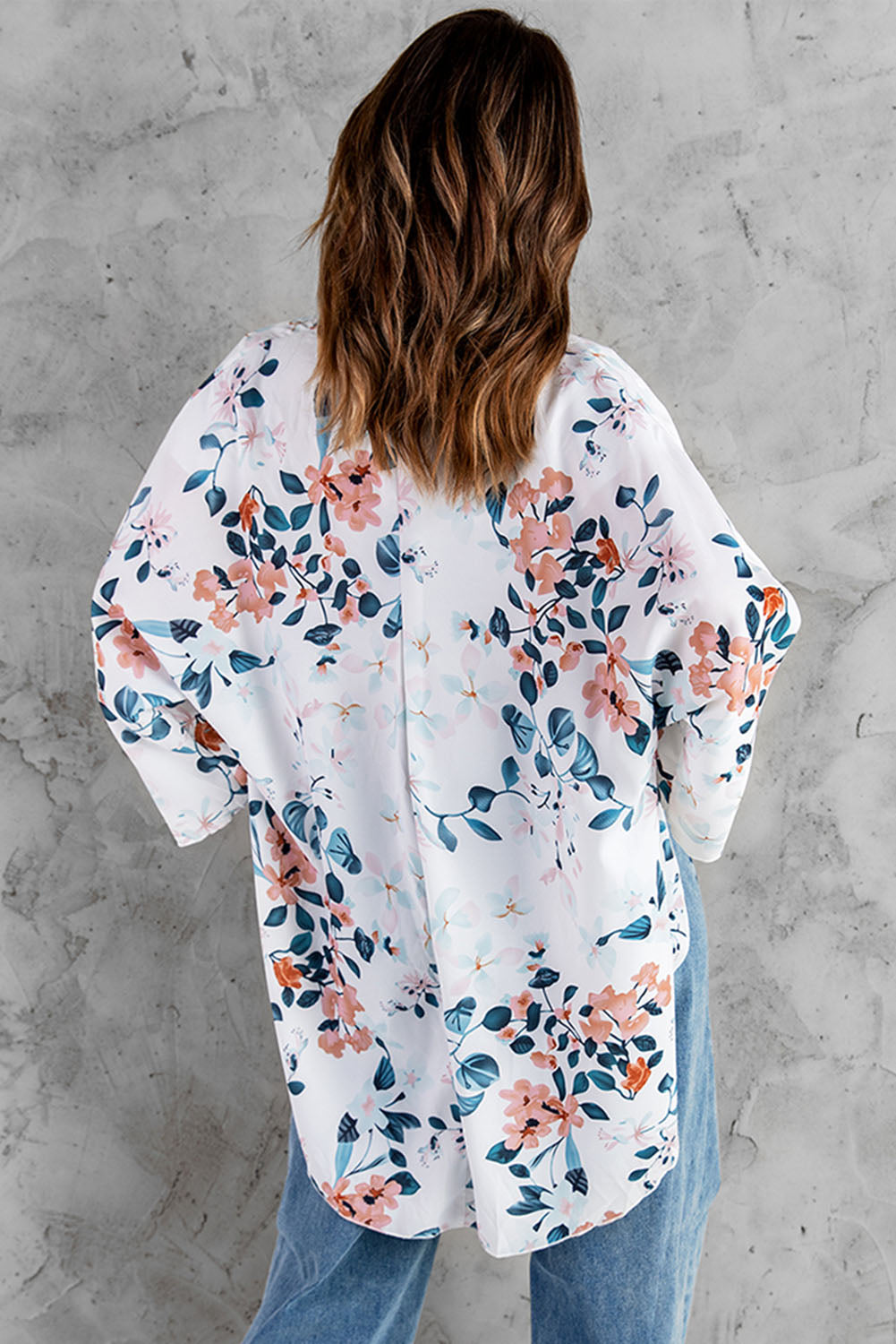 Floral Print 3/4 Sleeve High Low Open Front Kimono  Fashionpara