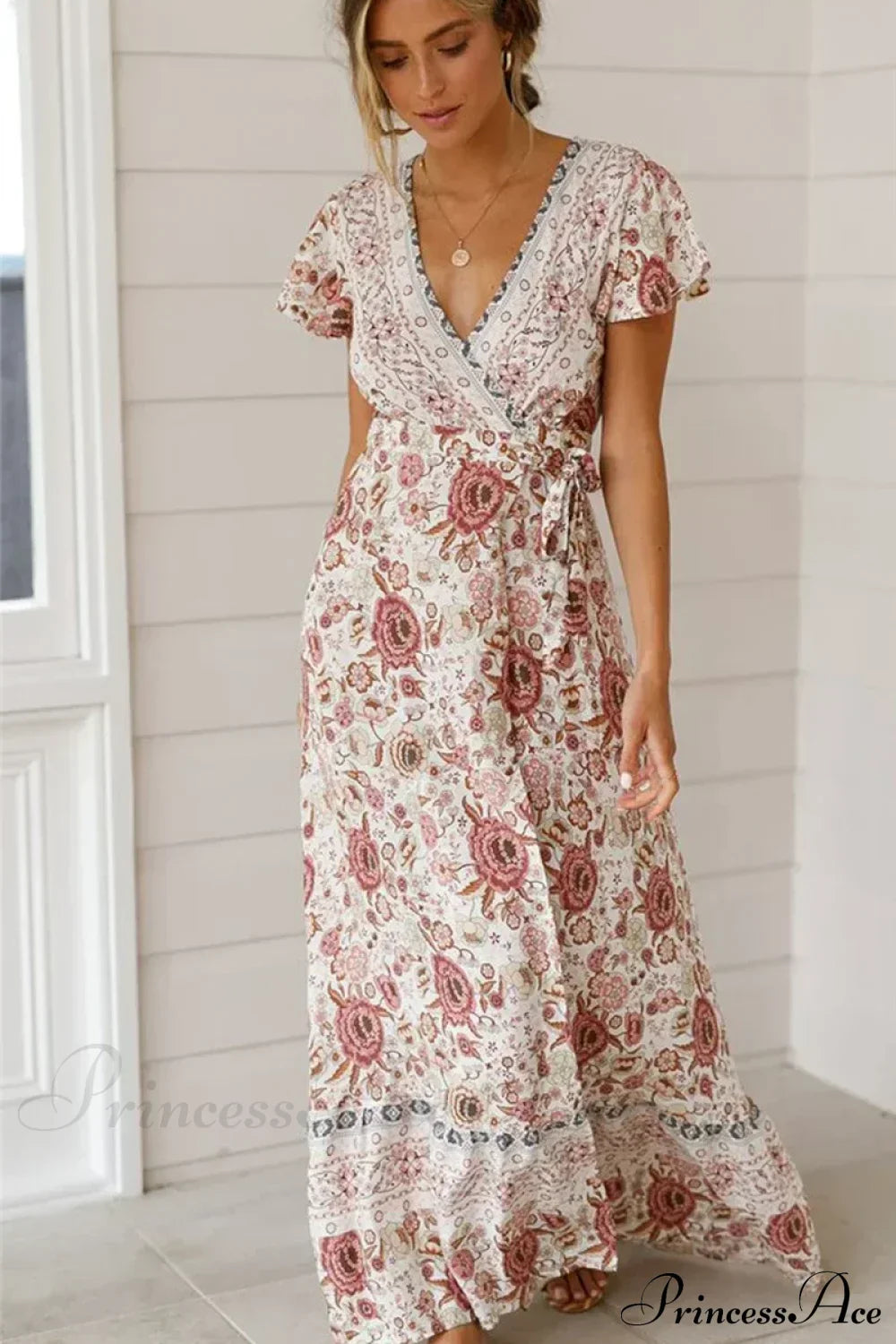 Floral Print Bat Sleeve Sashes Wrap Maxi Boho Cover-ups Beige / S bohodress-250126