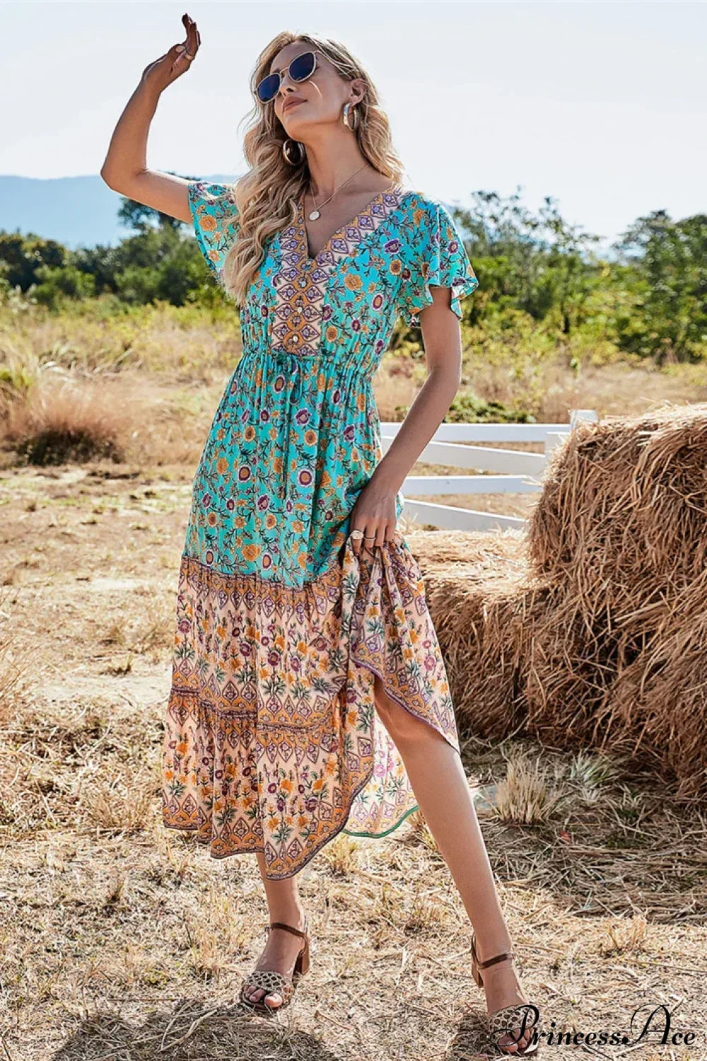 Floral Print Button V-neck Pleated Rayon Beach Maxi Boho Dress
