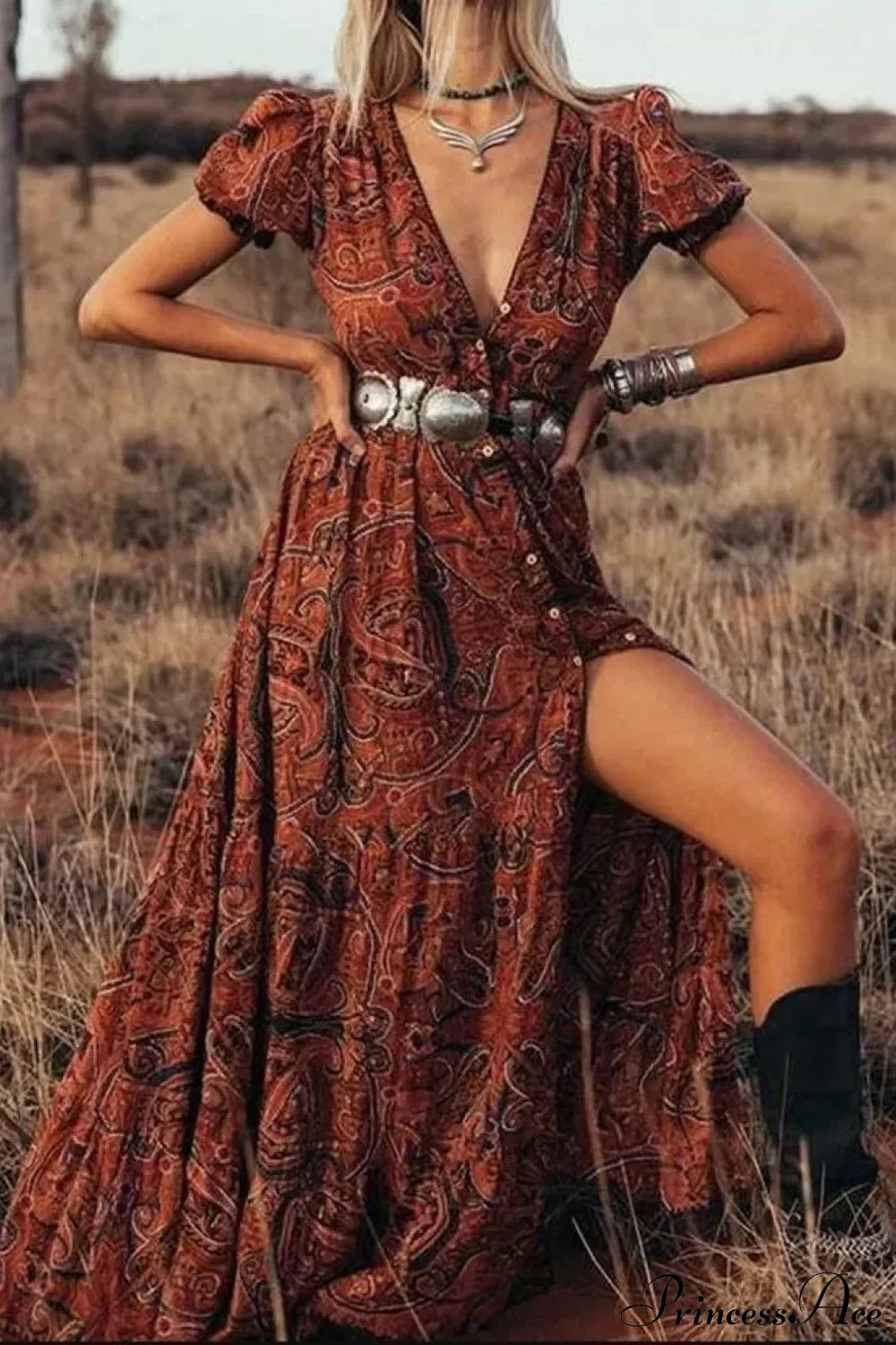 Floral Print Chiffon Boho Dress bohodress-250126