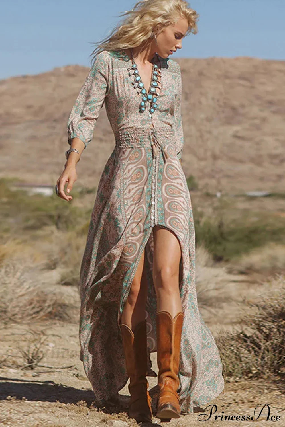 Floral Print Chiffon Boho Dress bohodress-250126