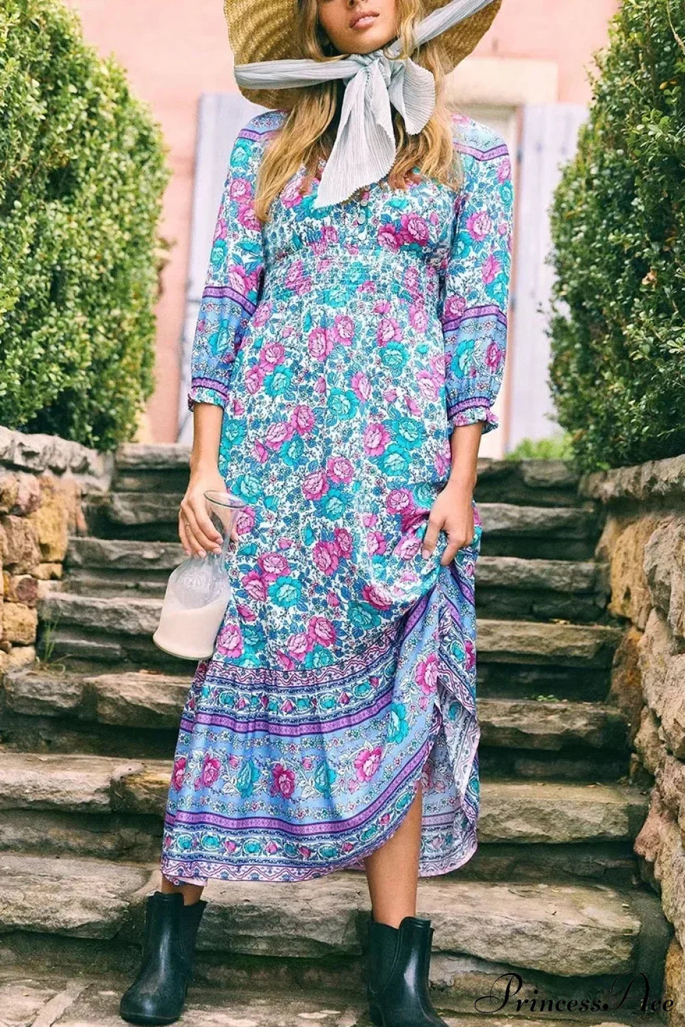 Floral Print Cross V-neck Button Summer Boho Dress Blue / S bohodress-250126